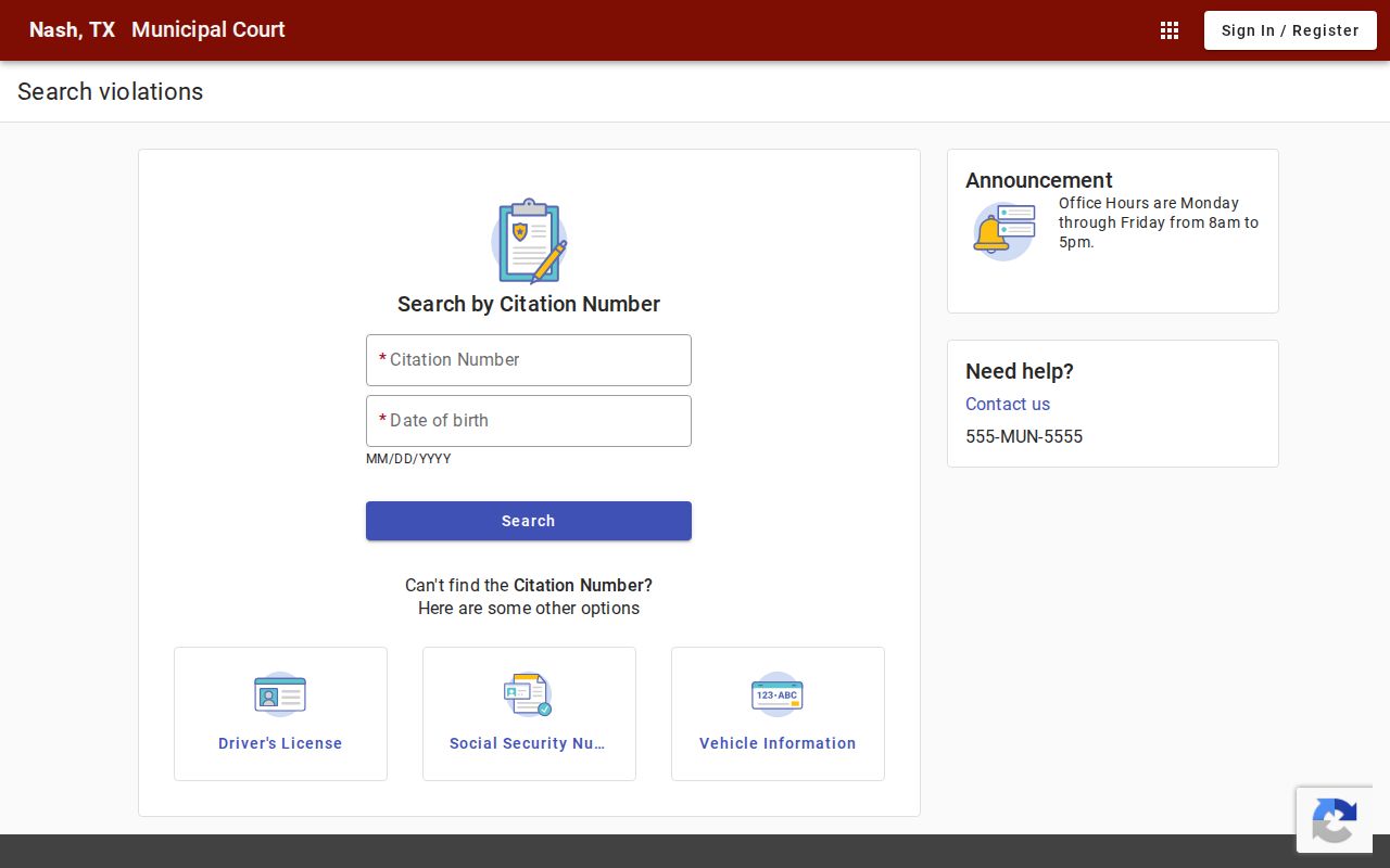 Nash municipal court search modes for citations and related fields